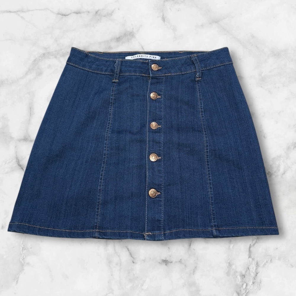 Celebrity Pink dark denim stretch skirt bronze buttons down front Size 5/27”